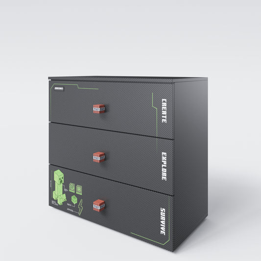 MINECRAFT - Kommode mit 3 Schubladen, Dresser, Carbon Optik, Gaming Möbel mit Beleuchtung