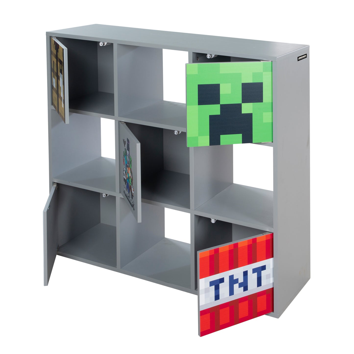 MINECRAFT - 3x3 Regal, Raumteiler mit offenen Fächern und Türen mit Push-Open, Kindermöbel mit buntem Design