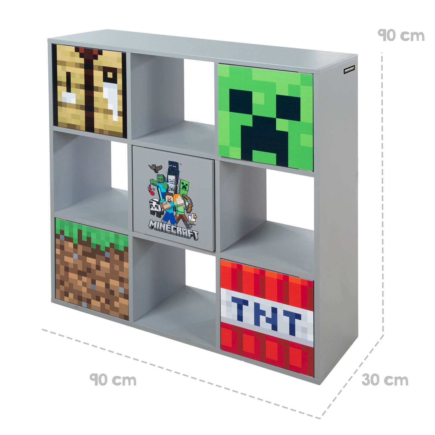 MINECRAFT - 3x3 Regal, Raumteiler mit offenen Fächern und Türen mit Push-Open, Kindermöbel mit buntem Design