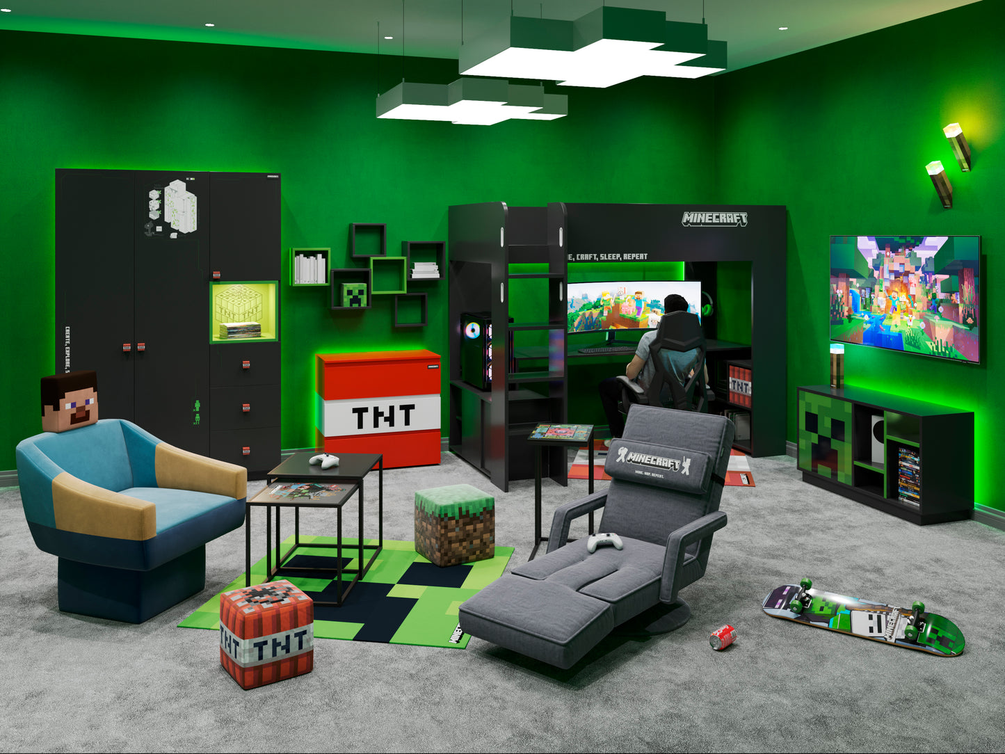 MINECRAFT - Kleiderschrank, 3-türiger Schrank mit Beleuchtung, dunkle Gaming Möbel mit Beleuchtung