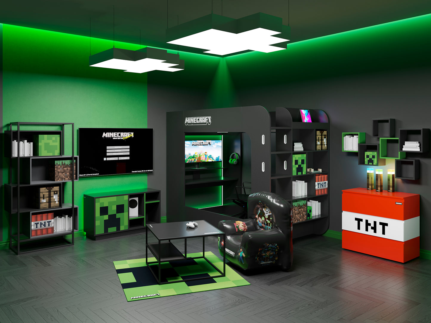 MINECRAFT - Bücherregal, Regal mit 4 Fächern, Gaming Möbel mit dunklem Design und Minecraft Print