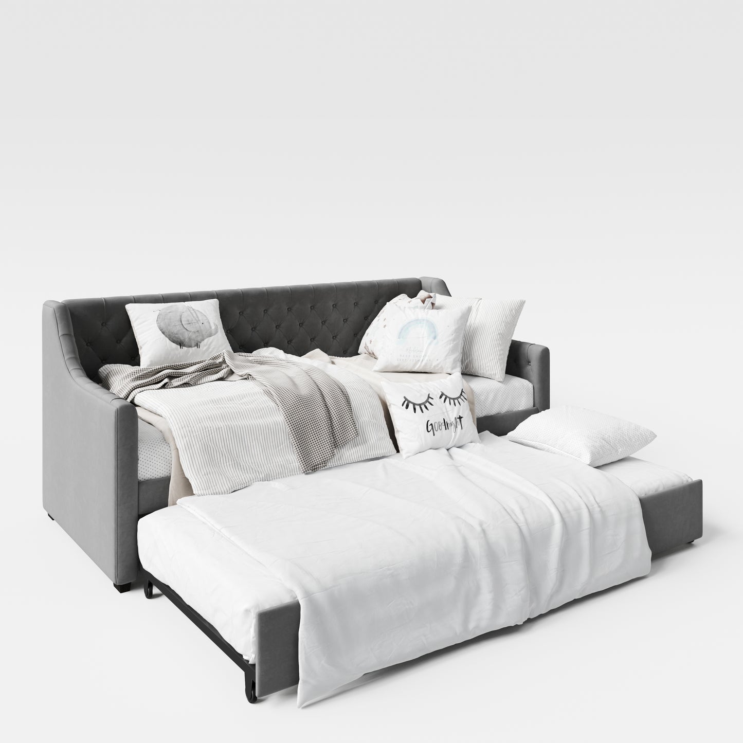 PRINCESS - Tagesbett, gepolstertes Schlafsofa mit Arm- und Rückenlehne, ausziehbar, Samt in Grau