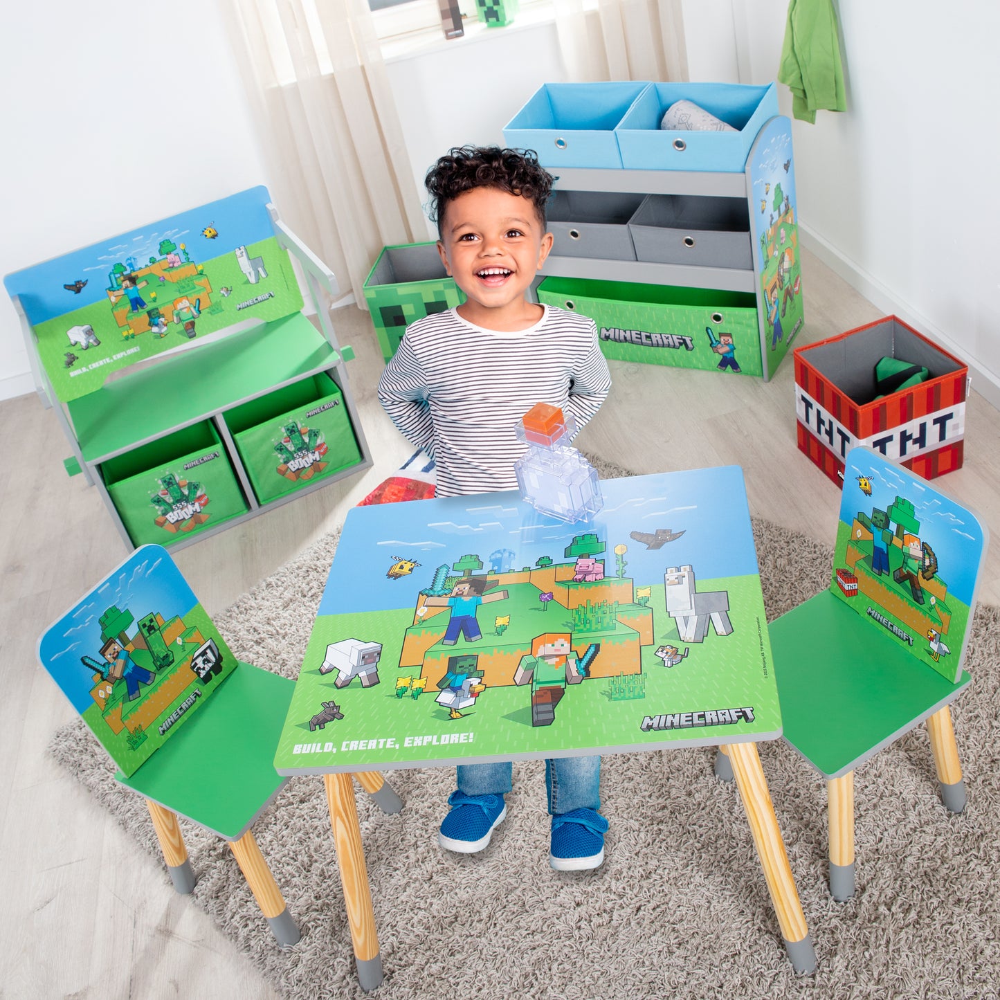 MINECRAFT - Sitzbank, Leseregal, Bank mit Sitzkissen und Stauraum, Kindermöbel mit buntem Design