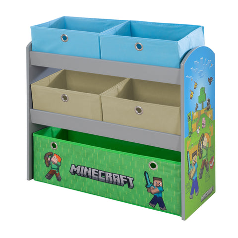 MINECRAFT - Spieleregal, Bücherregal, Stauraumregal mit 5 Stoffboxen, Kindermöbel mit buntem Design