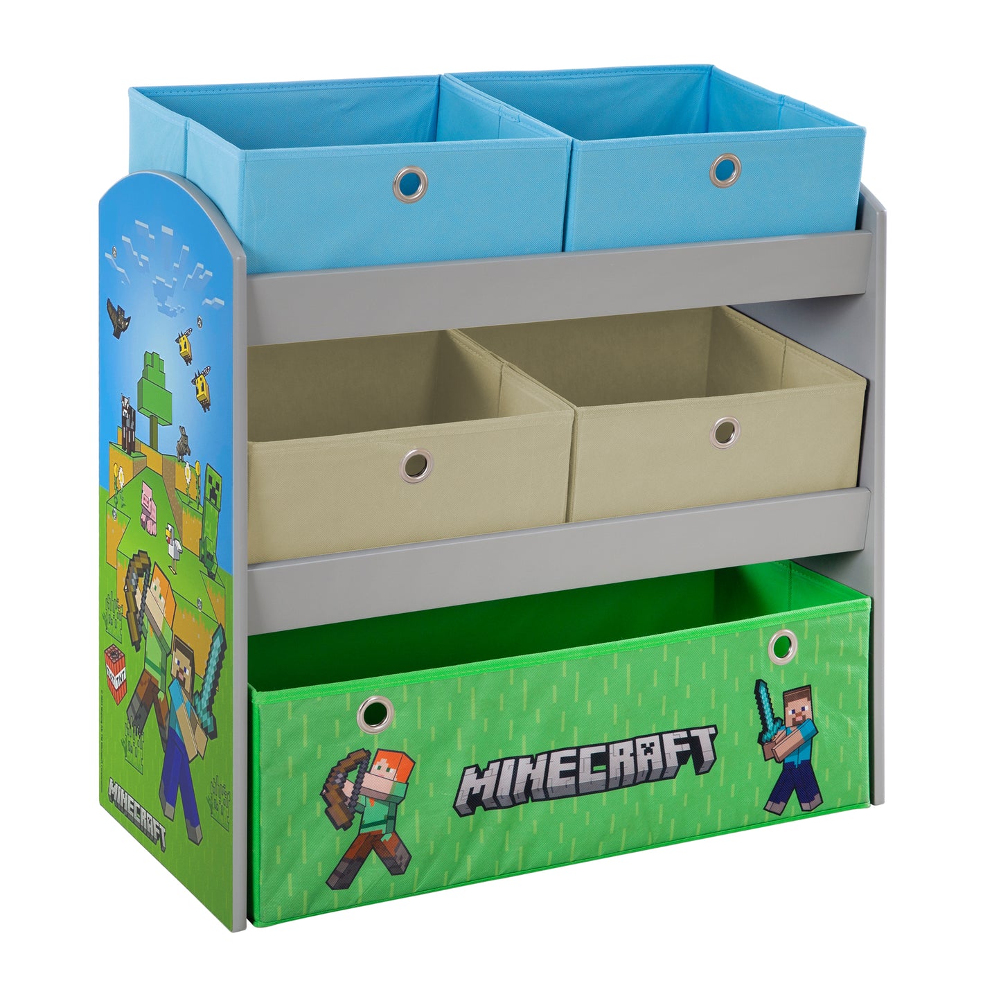 MINECRAFT - Spieleregal, Bücherregal, Stauraumregal mit 5 Stoffboxen, Kindermöbel mit buntem Design