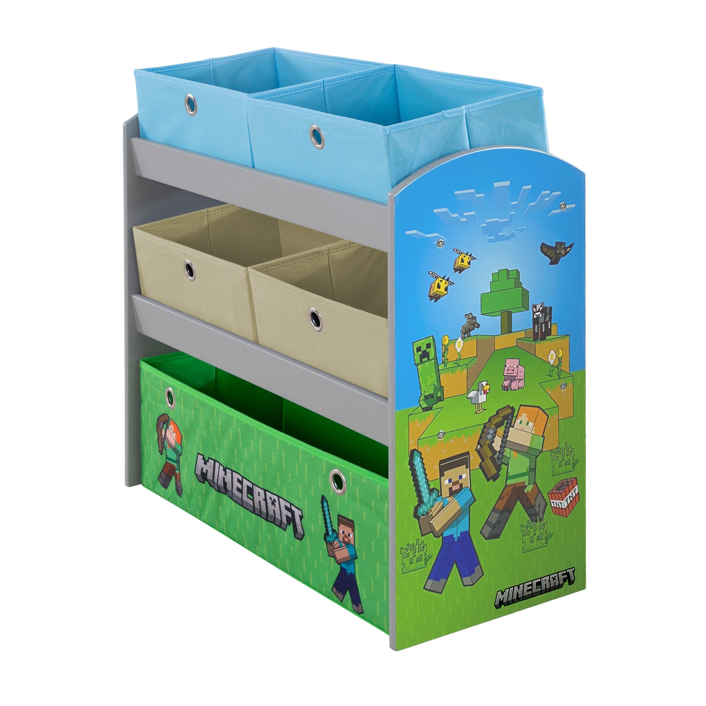 MINECRAFT - Spieleregal, Bücherregal, Stauraumregal mit 5 Stoffboxen, Kindermöbel mit buntem Design