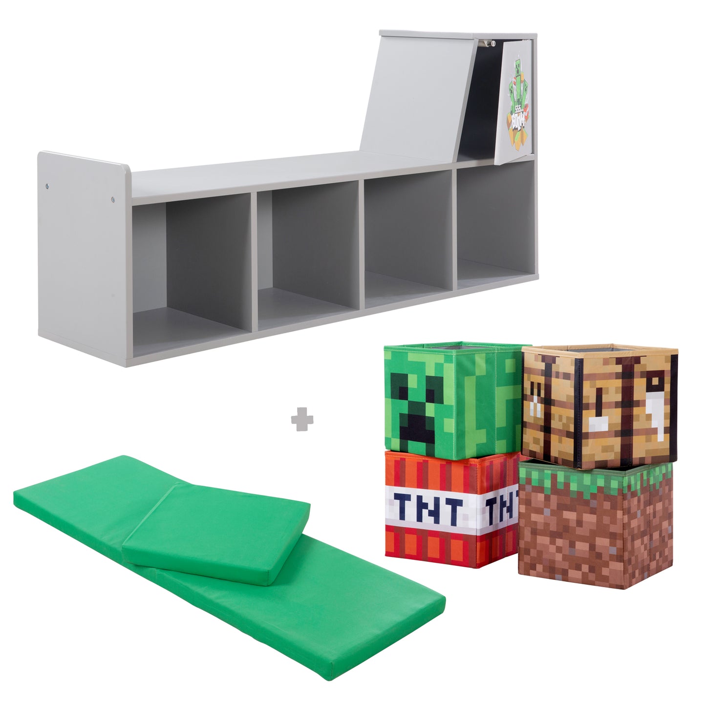 MINECRAFT - Sitzbank, Leseregal, Bank mit Sitzkissen und Stauraum, Kindermöbel mit buntem Design