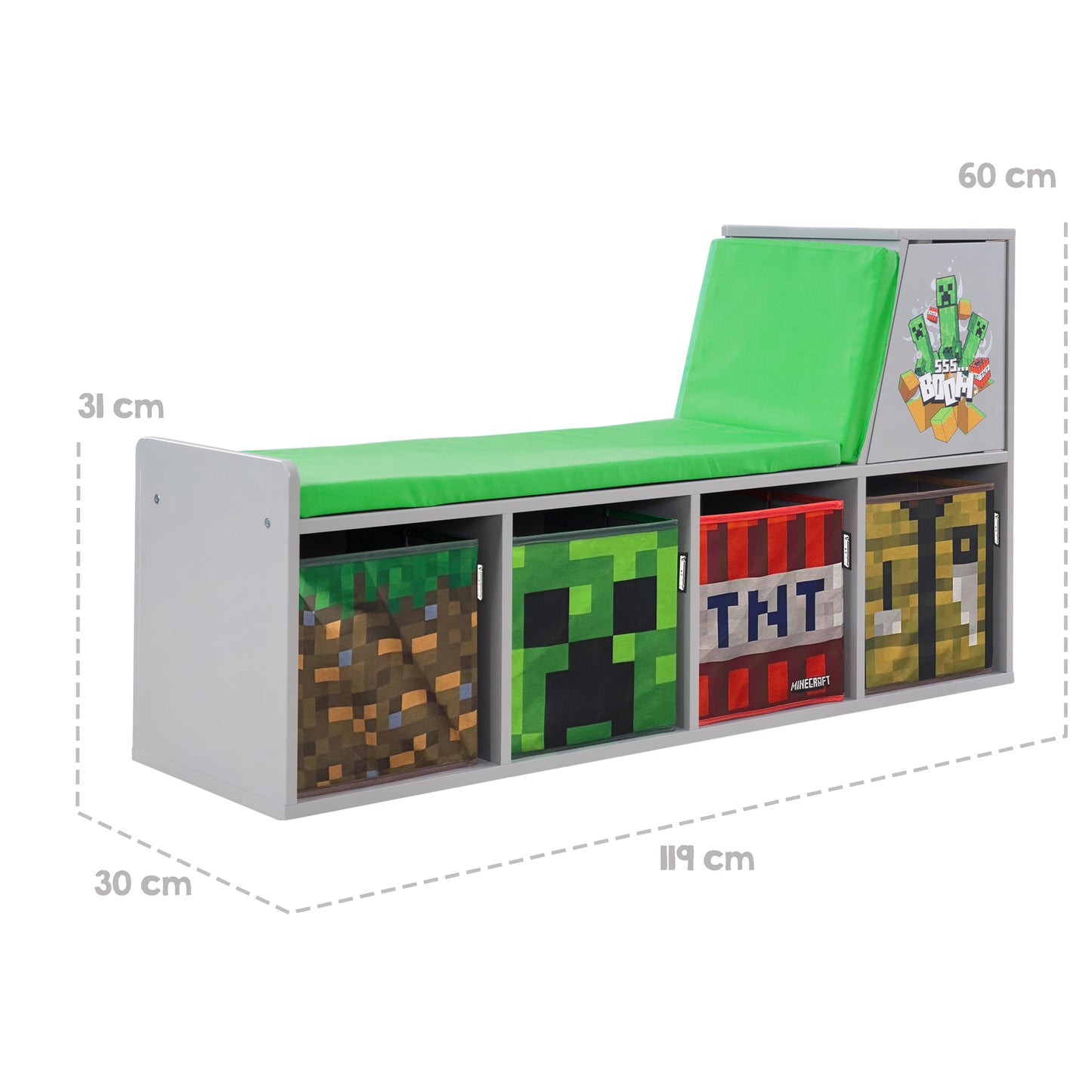 MINECRAFT - Sitzbank, Leseregal, Bank mit Sitzkissen und Stauraum, Kindermöbel mit buntem Design