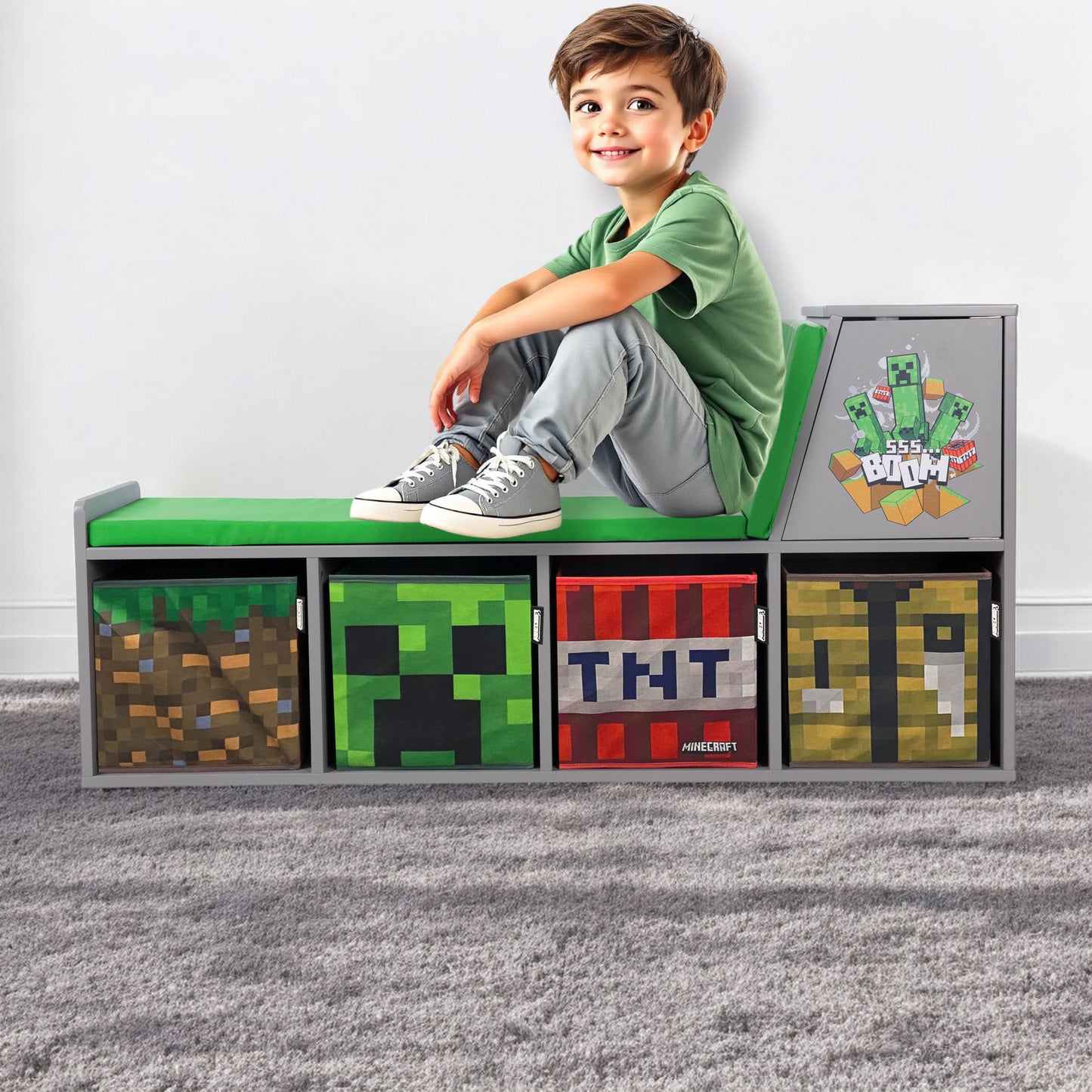 MINECRAFT - Sitzbank, Leseregal, Bank mit Sitzkissen und Stauraum, Kindermöbel mit buntem Design