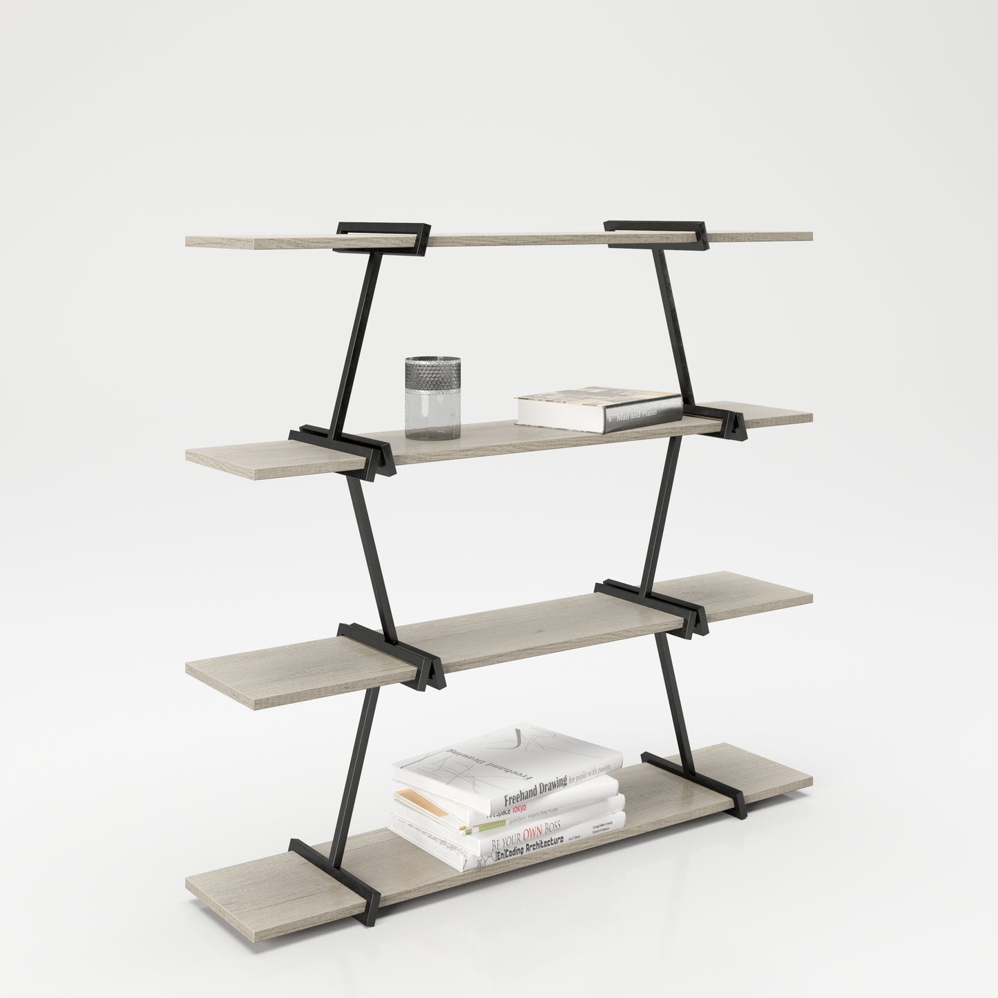Babylon - Regal, Raumteiler, Bücherregal mit 4 Böden, Wild Eiche kombiniert mit schwarz matten Metallkomponenten, modernes Industrial Design - einrichten-24, Regale & Stauraummöbel
