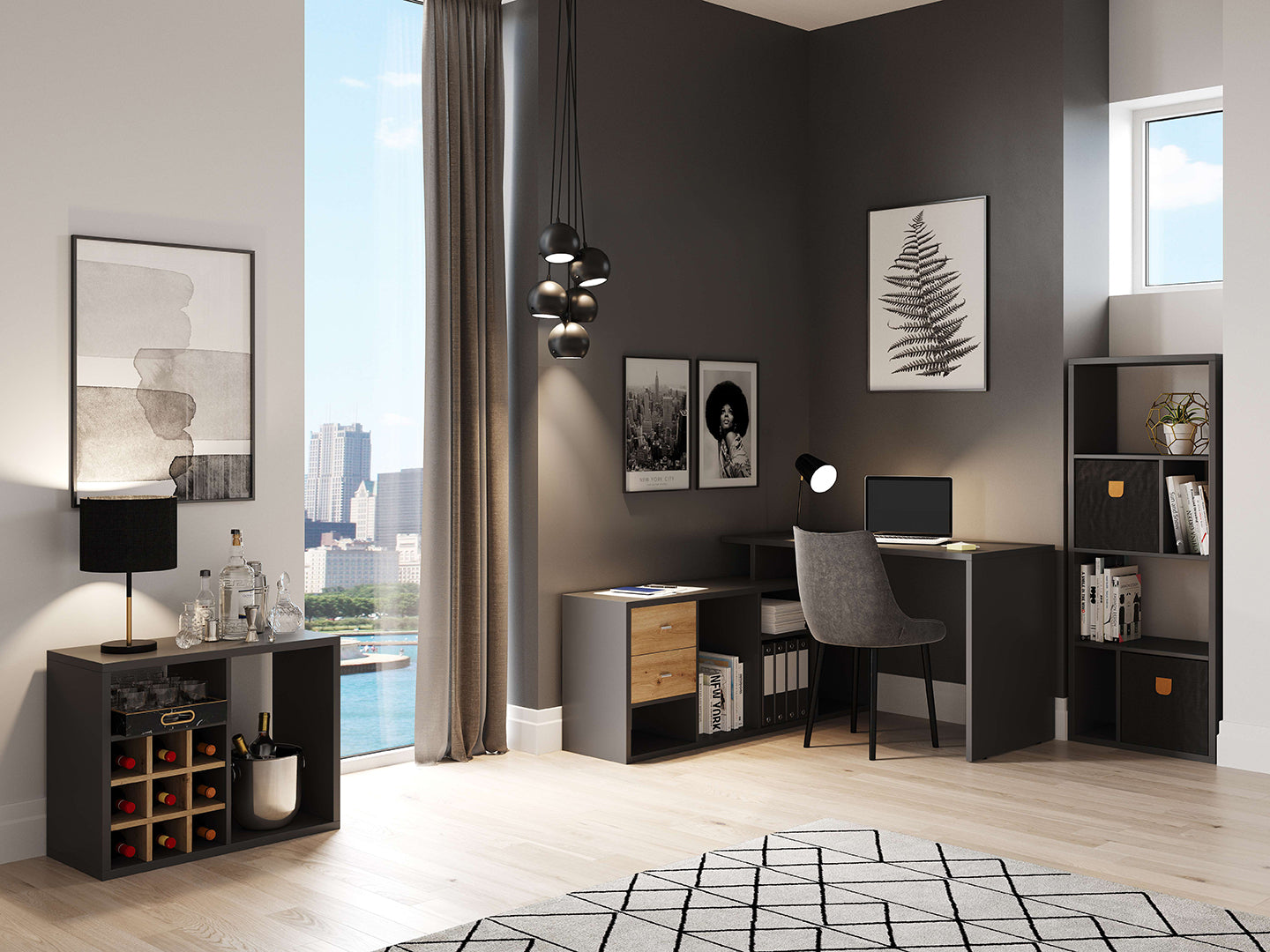 Fortuna - SET , Regal mit 3 Fächern inkl. Schreibtischanbau, Bücherregal, Büroregal, Raumteiler, Fächer in asymmetrischer Aufteilung - einrichten-24, Regale & Stauraummöbel