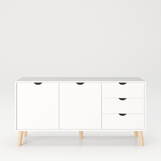 SCANDI - Sideboard mit 2 Türen mit Soft-Close, breitem Einlegeboden und 3 Schubladen, Massivholzfüße, weiß matt lackiert