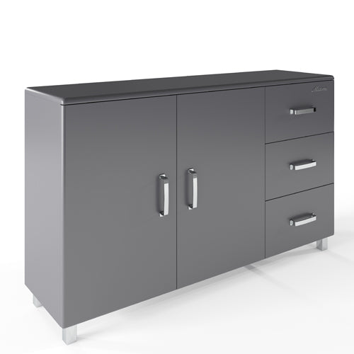 Miami Sideboard mit 2 Türen und 3 Schubladen mit Vollauszug und Soft-Close Beschlägen, Autometallic Lackierung, chromfarbene Griffe, Füsse und Logo aus hochwertigem Autoschriftzug, in weiss