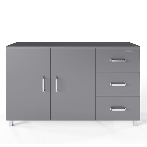 Miami Sideboard mit 2 Türen und 3 Schubladen mit Vollauszug und Soft-Close Beschlägen, Autometallic Lackierung, chromfarbene Griffe, Füsse und Logo aus hochwertigem Autoschriftzug, in weiss