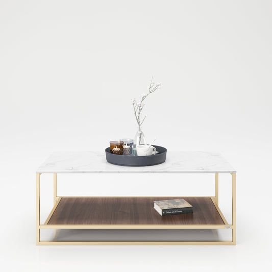 PLAYBOY - Couchtisch "OLIVIA" mit 1 Ablage im Walnuss Dekor, Tischplatte in Marmor Optik, goldenes Metallgestell,Couchtisch - playboy