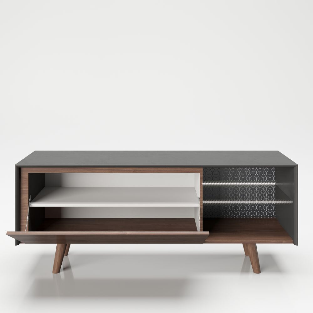 PLAYBOY - TV-Lowboard "VICTORIA" mit 2 Fächern, 1 Klappe, sanft-schliessend, Glasboden, exkl. LED, Walnuss/Grau, Retro-Design - einrichten-24, Kommoden & Vitrinen