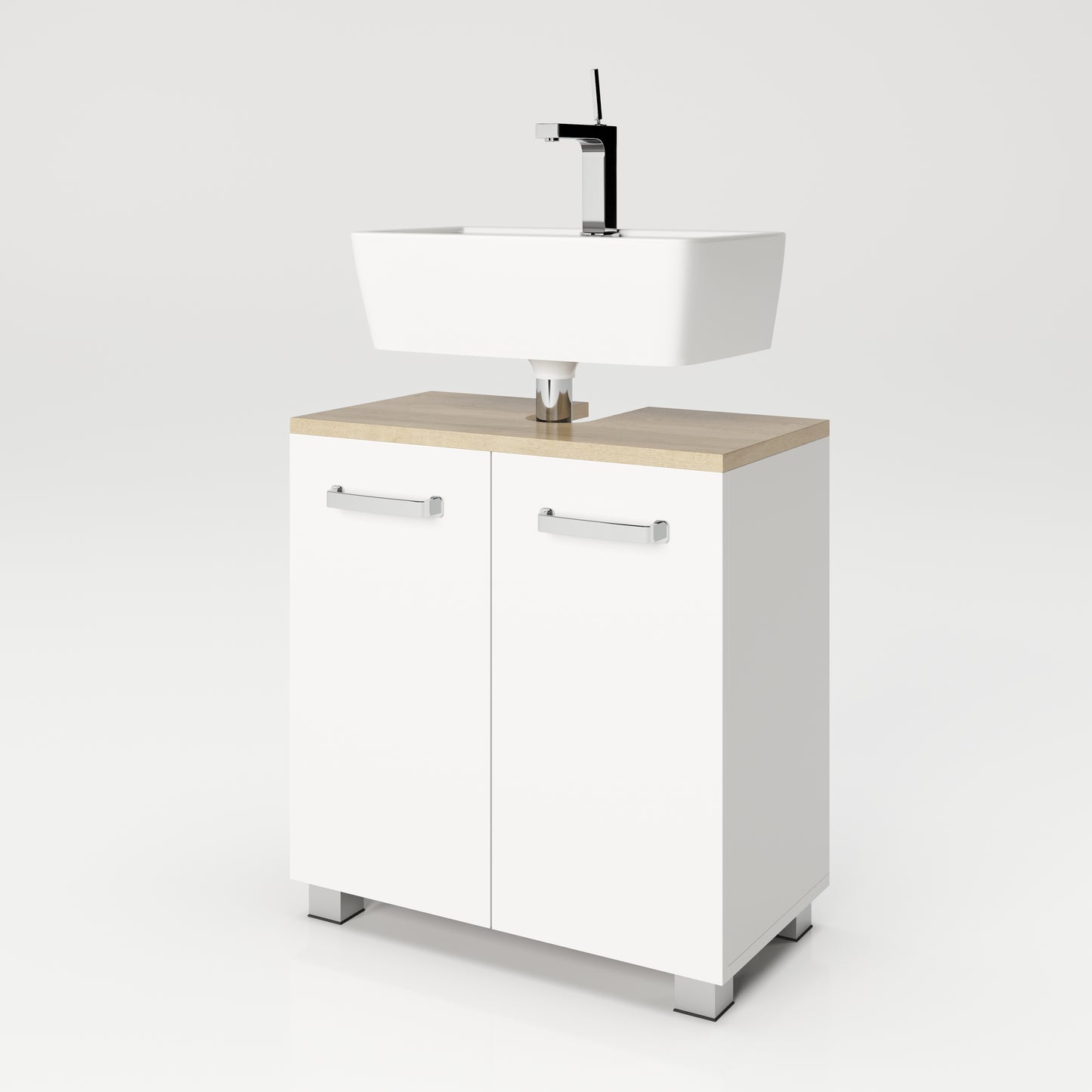 Cosmo Badmöbel - Waschbeckenunterschrank mit viel Stauraum, 2 Fächer und Soft-Close-Funktion, ABS-Schutzkanten, Optik Weiss / Artisan Eiche - einrichten-24, Badezimmer Möbel