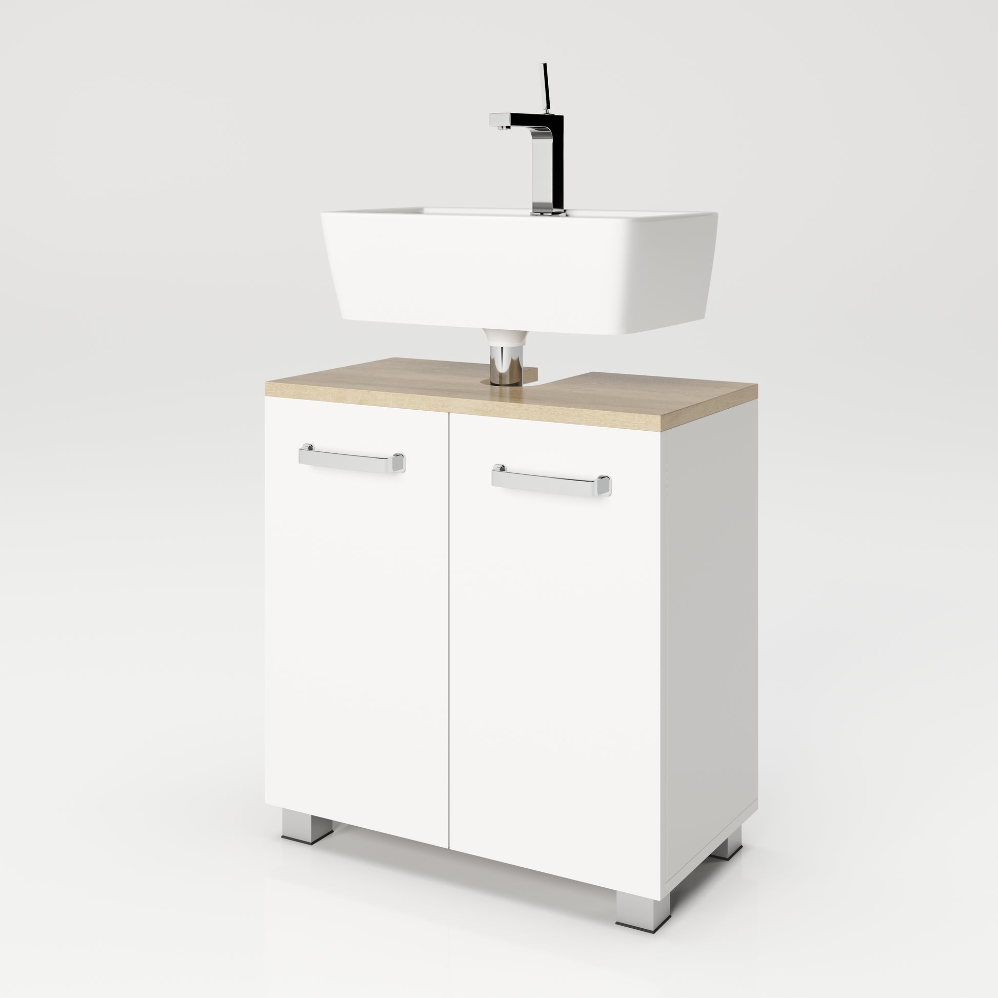 Cosmo Badmöbel - Waschbeckenunterschrank mit viel Stauraum, 2 Fächer und Soft-Close-Funktion, ABS-Schutzkanten, Optik Weiss / Artisan Eiche - einrichten-24, Badezimmer Möbel