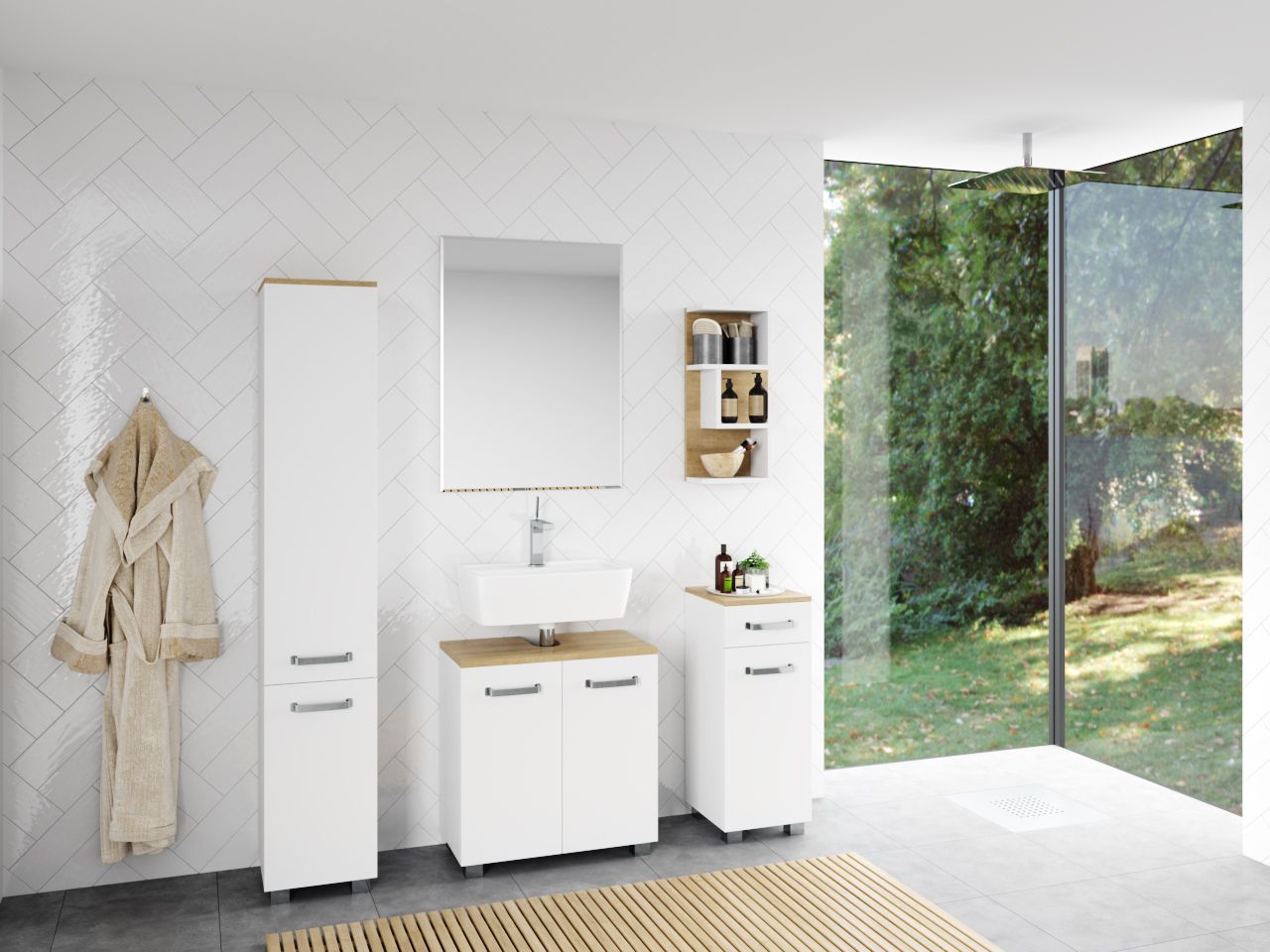 Cosmo Badmöbel - Standregal mit viel Stauraum, 2 Fächer und Soft-Close-Funktion, ABS-Schutzkanten, Optik Weiss / Artisan Eiche - einrichten-24, Badezimmer möbel