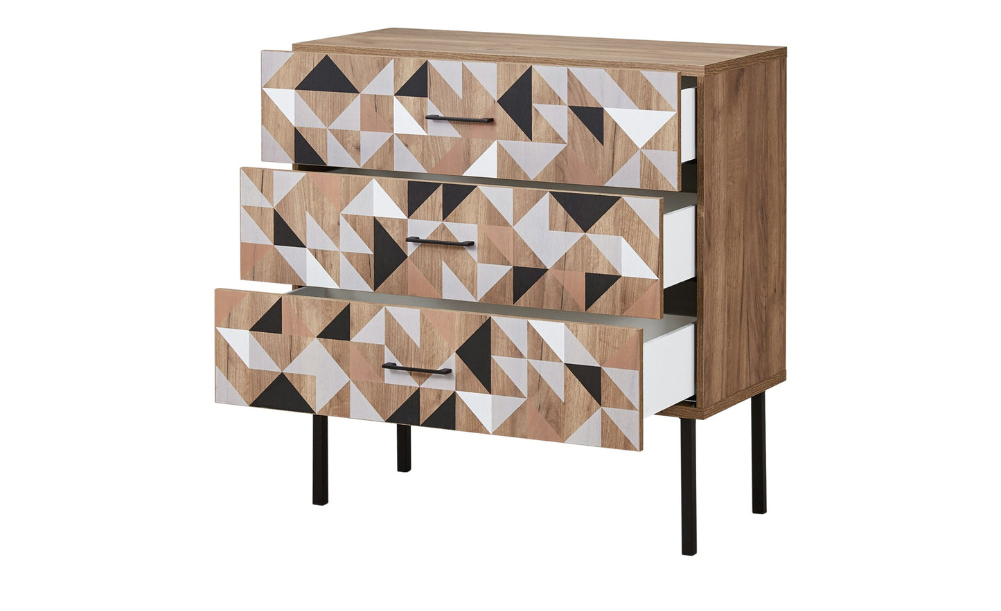 Spectral - Kommode mit 3 Schubladen mit Soft-Close, bedruckter Front, tobacco oak mit schwarz matt lackierten Metallkomponenten - einrichten-24, Kommoden & Sideboards