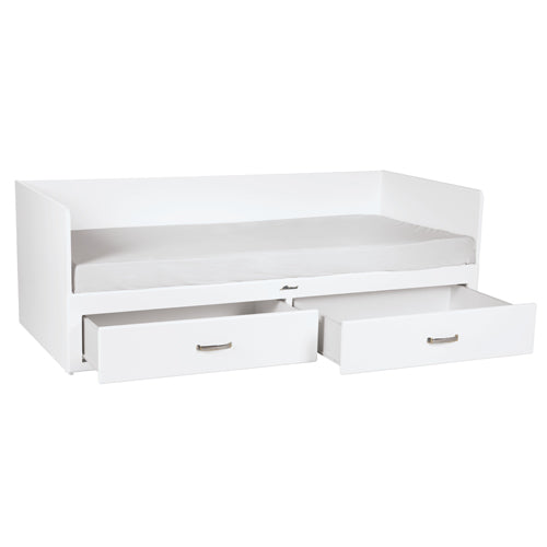 Miami Tagesbett mit 2 Schubladen, ausziehbar 90-180x200, Autometallic Lackierung, chromfarbene Griffe, Füsse und Logo aus hochwertigem Autoschriftzug, in weiss - einrichten-24, Kommoden & Sideboards