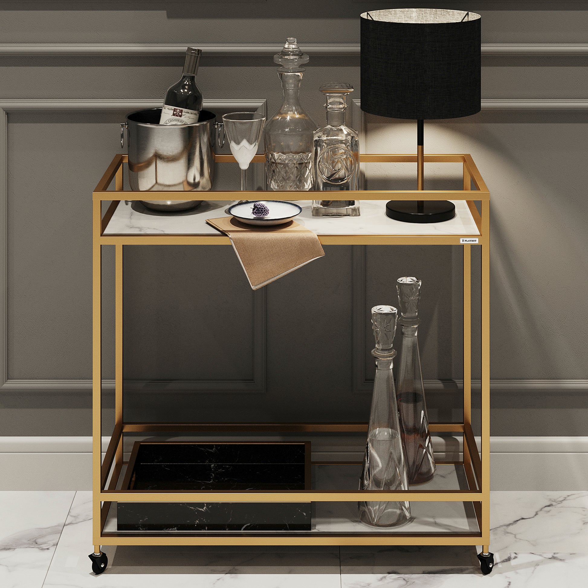 PLAYBOY - Servierwagen "GINGER" mit 2 Ablagen in Marmor-Optik, goldenes Metallgestell, mit Rollen, Retro-Design - einrichten-24, Regale & Raumteiler