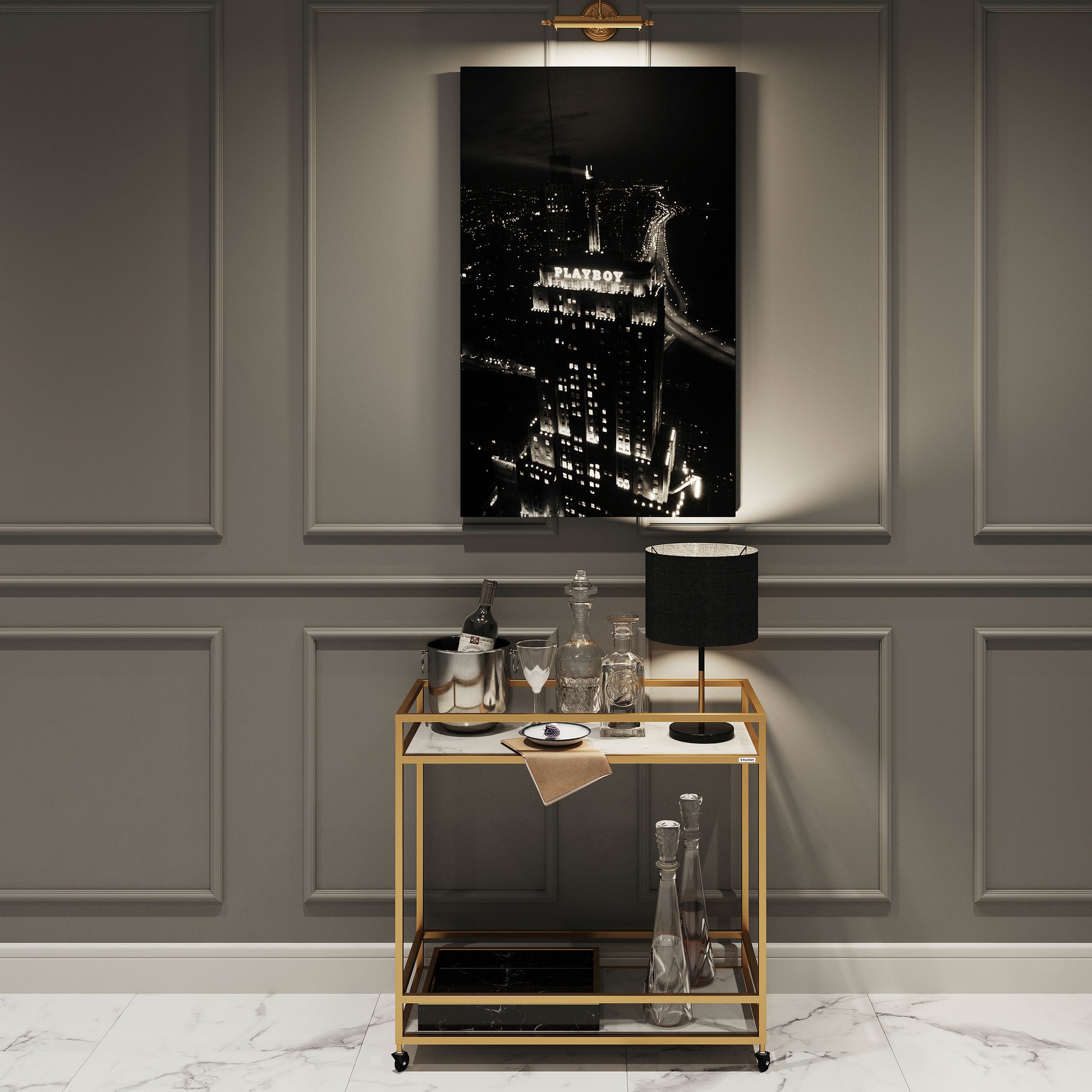 PLAYBOY - Servierwagen "GINGER" mit 2 Ablagen in Marmor-Optik, goldenes Metallgestell, mit Rollen, Retro-Design - einrichten-24, Regale & Raumteiler