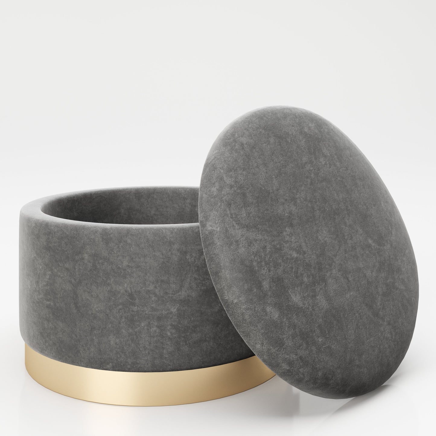 PLAYBOY - runder Pouf "SUE" gepolsterter Sitzhocker mit Stauraum, Samtstoff in Grau, goldener Metallfuss, Retro-Design,Sessel & Sitzhocker - playboy