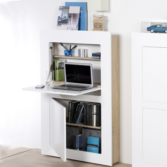 Milano - Schreibtisch, Sekretär, Arbeitsstation, Computertisch mit 1 Klappe und 1 Tür mit wechselbaren Türanschlag, Push-Open, Weiss lackierte Front - einrichten-24, Büroeinrichtung