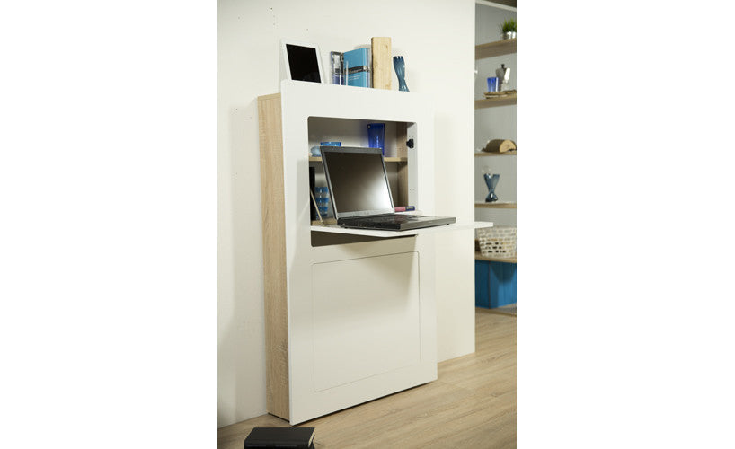 Milano - Schreibtisch, Sekretär, Arbeitsstation, Computertisch mit 1 Klappe und 1 Tür mit wechselbaren Türanschlag, Push-Open, Weiss lackierte Front - einrichten-24, Büroeinrichtung