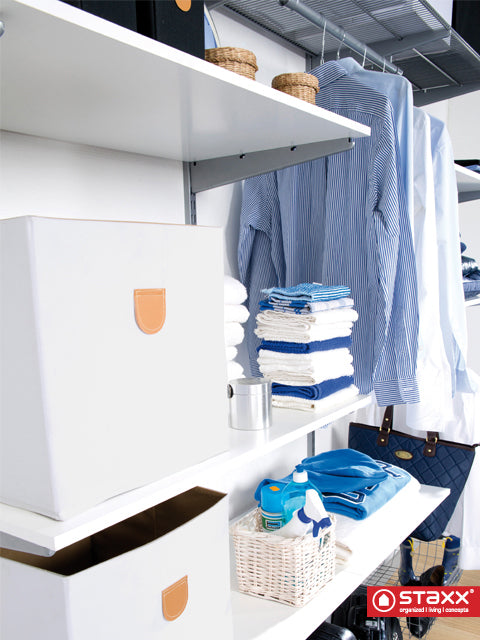 Stor' It - 2 faltbare Boxen aus Canvasstoff mit PU-Leder-Lasche, 34x34x34cm, passend für die Regale der Serien Fortuna, Prana und Caro - einrichten-24, Regale & Stauraummöbel