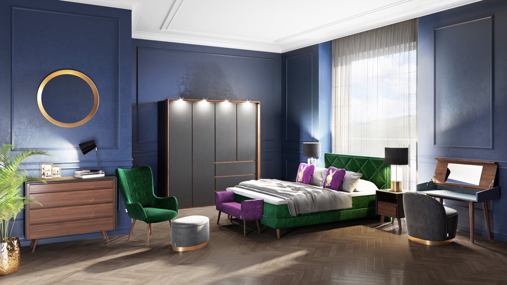 PLAYBOY - Pouf "LIZ" gepolsterter Sitzhocker mit Stauraum, Samtstoff in Lila und Chesterfield-Optik, goldener Metallfuss, Retro-Design,Sessel & Sitzhocker - playboy