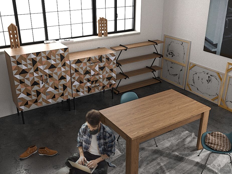 Spectral - Kommode mit 3 Schubladen mit Soft-Close, bedruckter Front, tobacco oak mit schwarz matt lackierten Metallkomponenten - einrichten-24, Kommoden & Sideboards