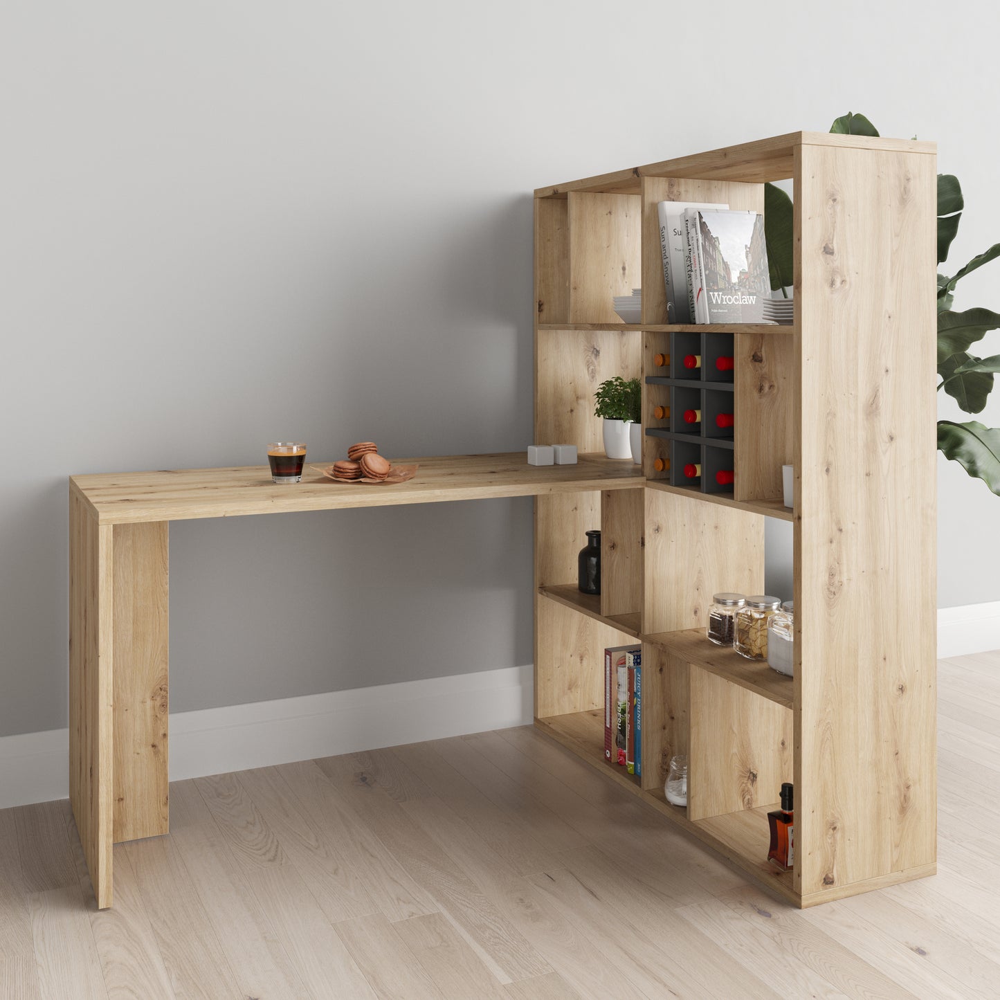 Fortuna - SET , Regal mit 12 Fächern inkl. Schreibtischanbau, Bücherregal, Büroregal, Raumteiler, Fächer in asymmetrischer Aufteilung - einrichten-24, Regale & Stauraummöbel