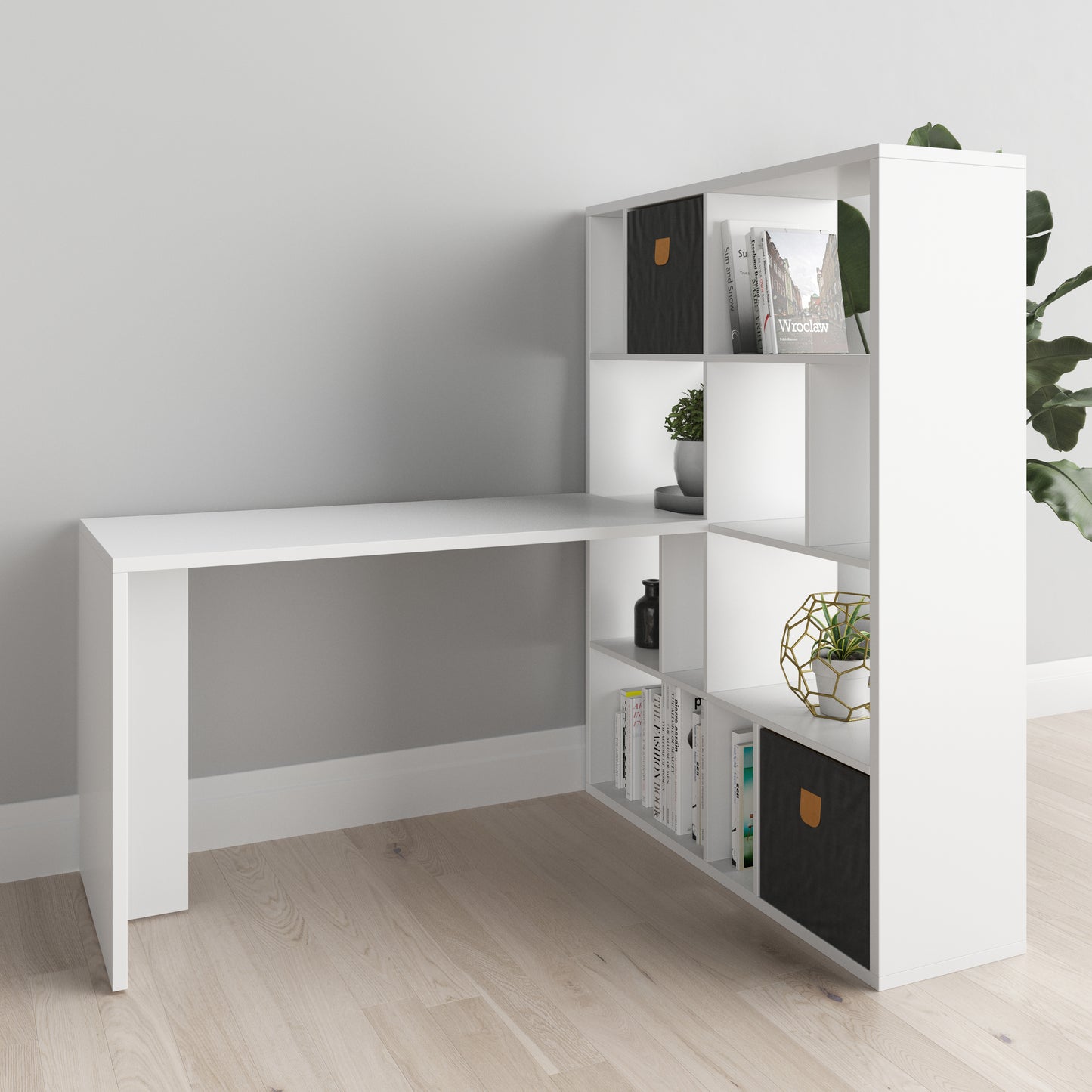 Fortuna - SET , Regal mit 12 Fächern inkl. Schreibtischanbau, Bücherregal, Büroregal, Raumteiler, Fächer in asymmetrischer Aufteilung - einrichten-24, Regale & Stauraummöbel