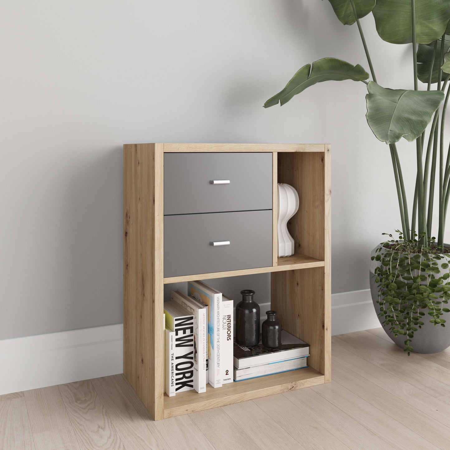 Fortuna - SET, Beistelltisch mit 3 Fächern inkl. Schubladeneinsatz, Bücherregal, Büroregal, Raumteiler, Fächer in asymmetrischer Aufteilung - einrichten-24, Regale & Stauraummöbel