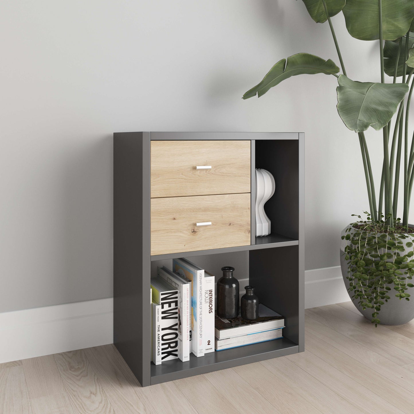 Fortuna - SET, Beistelltisch mit 3 Fächern inkl. Schubladeneinsatz, Bücherregal, Büroregal, Raumteiler, Fächer in asymmetrischer Aufteilung - einrichten-24, Regale & Stauraummöbel