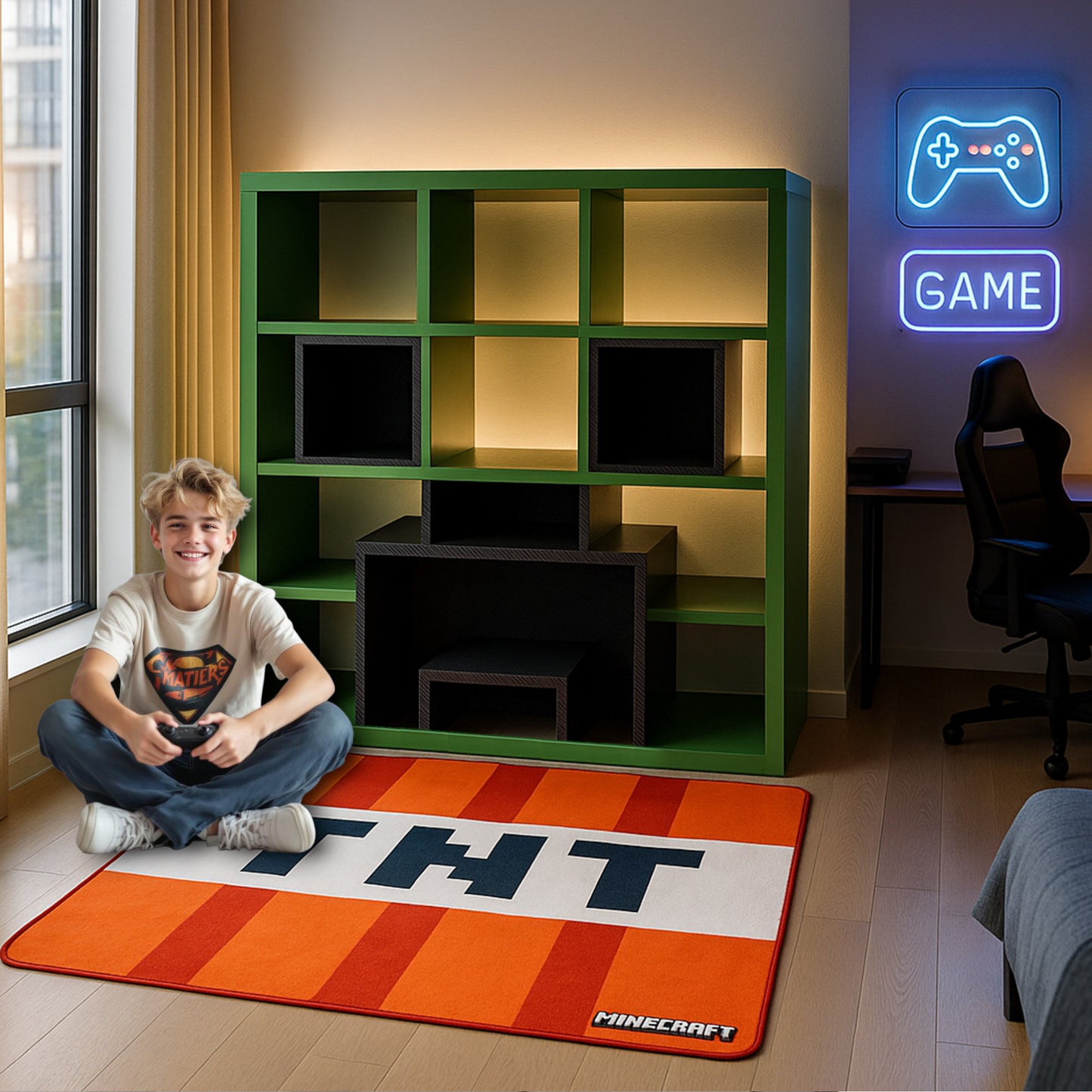 MINECRAFT - Bücherregal, Regal mit 15 Fächern, Gaming Möbel mit dunklem Minecraft Design
