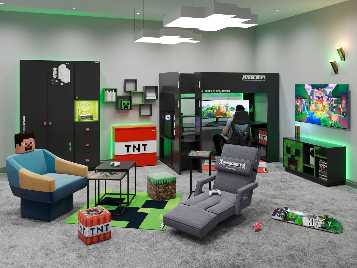 MINECRAFT - Kojenbett, Hochbett 90x200cm, Gaming Möbel mit dunklem Design und leuchtenden Elementen