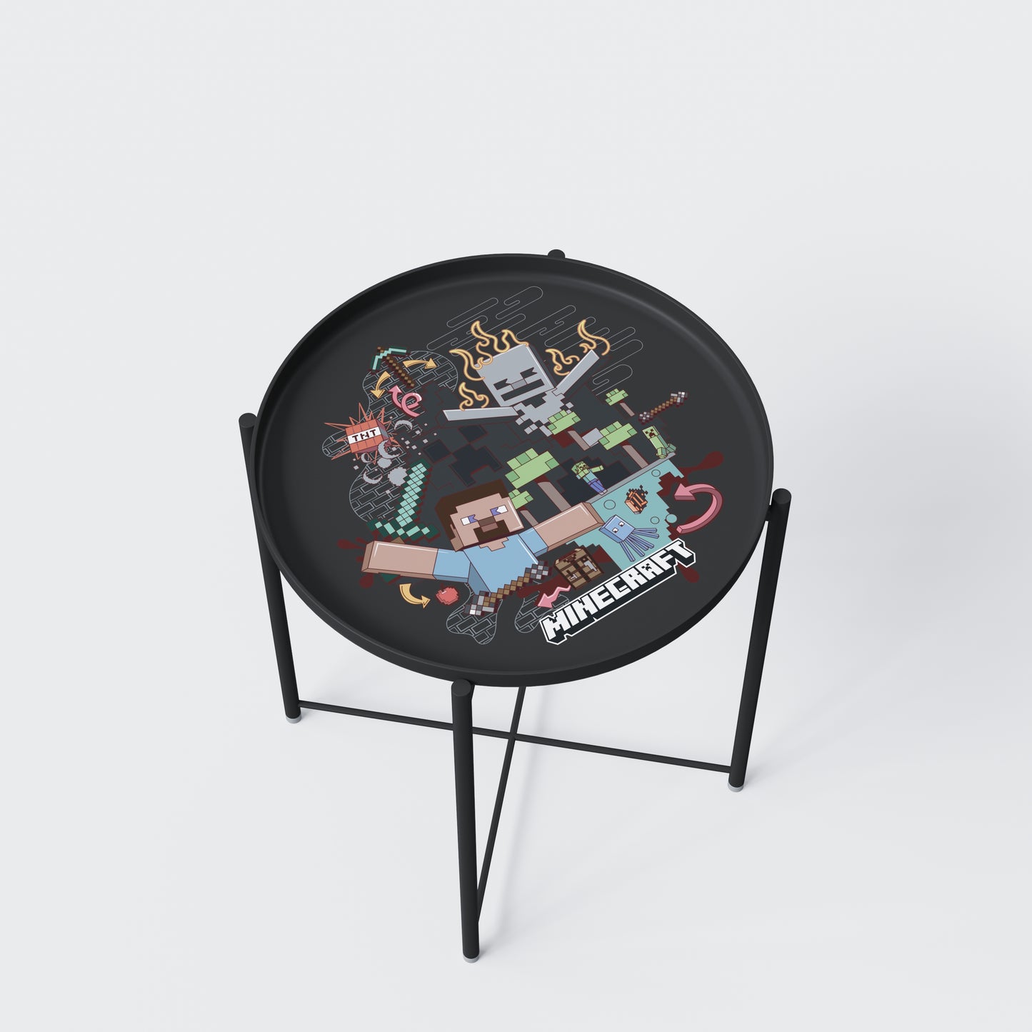 MINECRAFT - runder Beistelltisch mit abnehmbaren Tablett, Gaming Möbel mit dunklem Design und bunten Minecraft Print