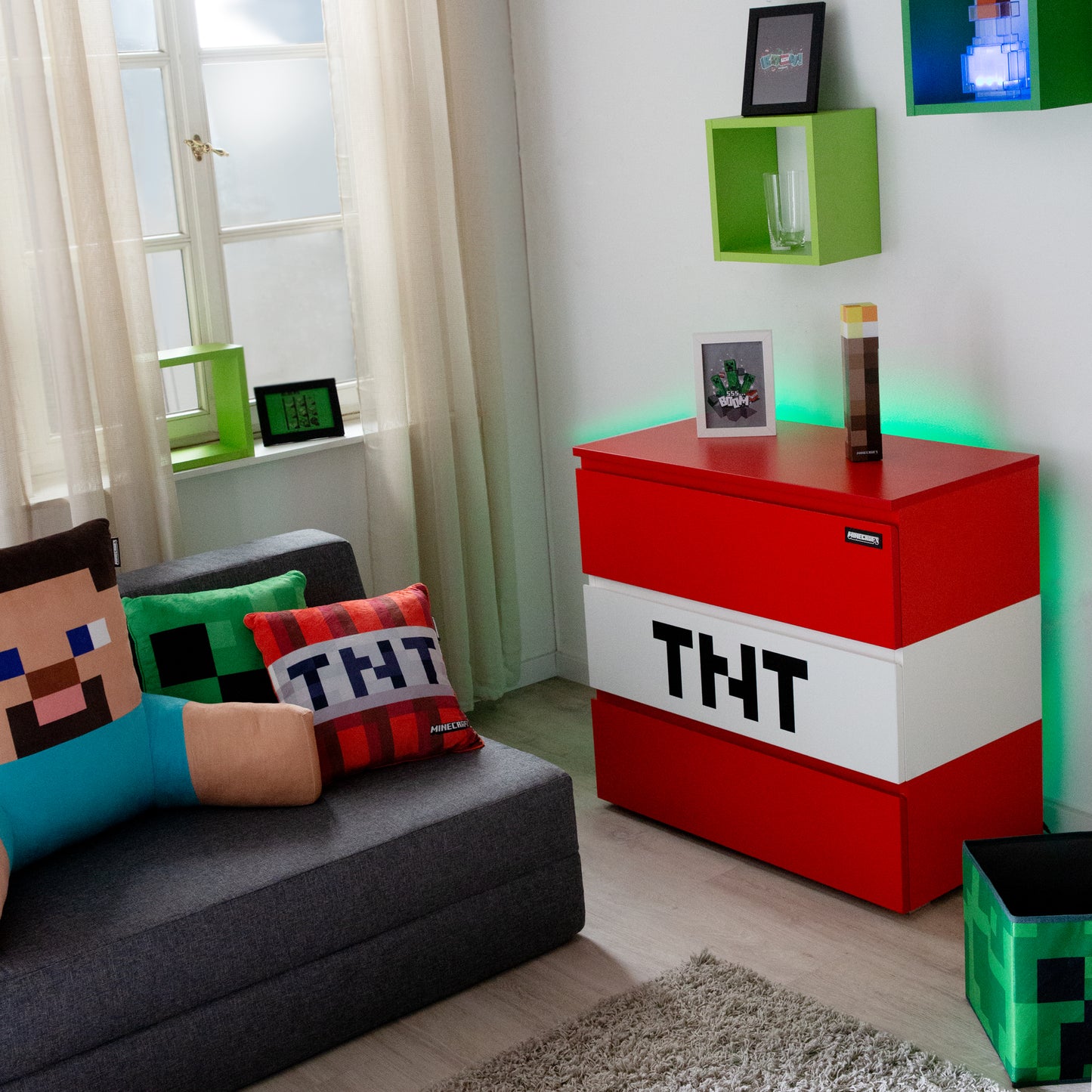 MINECRAFT - Kommode mit 3 Schubladen, Dresser, TNT-Würfel, Gaming Möbel mit Beleuchtung