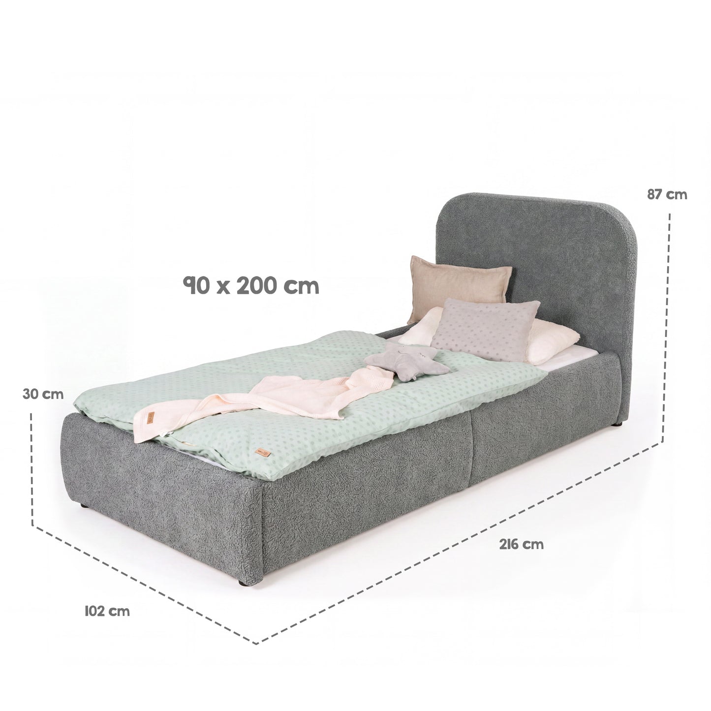 Gepolstertes Kinderbett LITTLE DREAM 90x200 inkl. Stauraum & Lattenrost - Cozy Grey