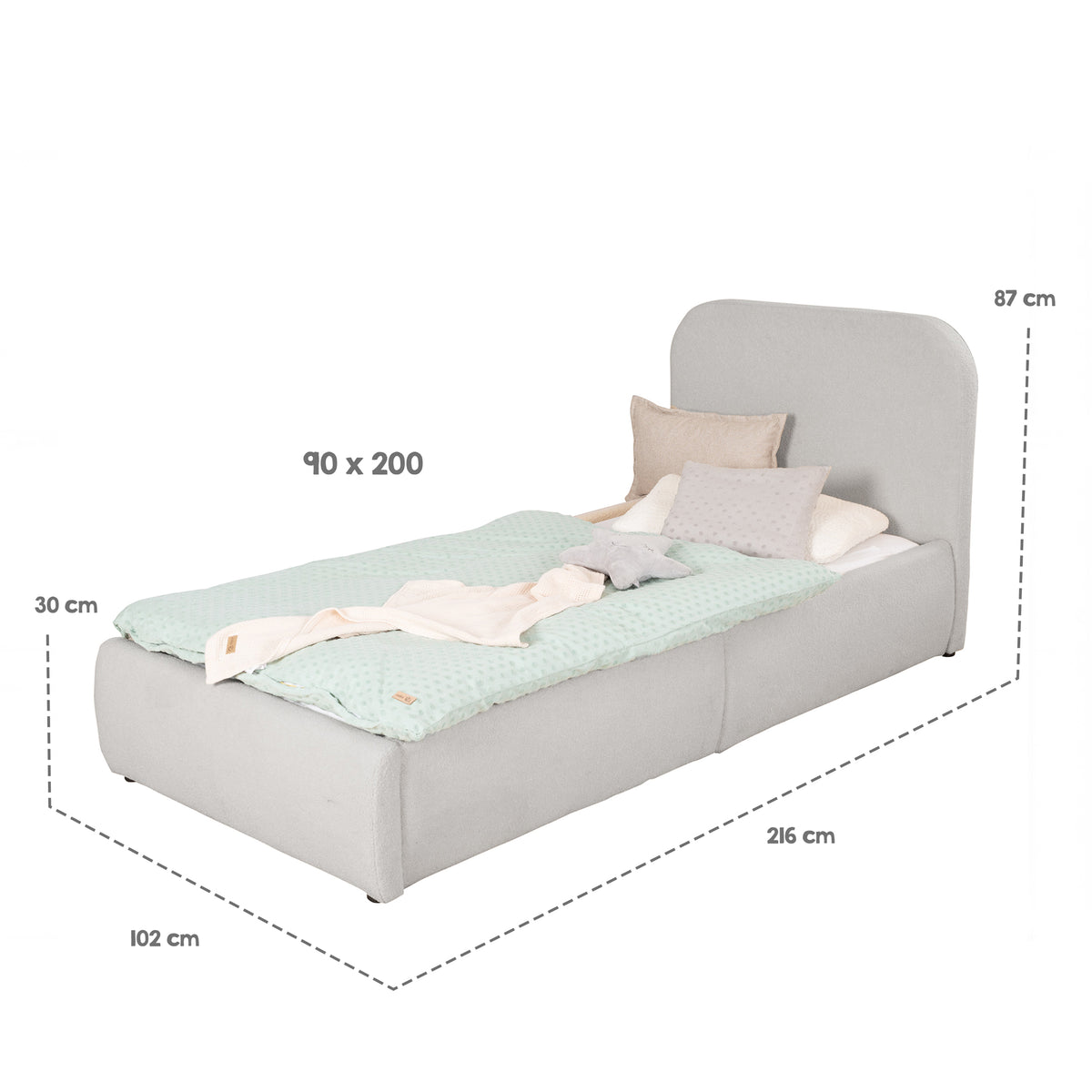 Gepolstertes Kinderbett LITTLE DREAM 90x200 inkl. Stauraum & Lattenrost - Pebbles