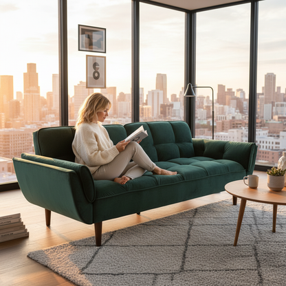 PLAYBOY - Sofa "SCARLETT" gepolsterte Couch mit Bettfunktion, Samtstoff in Grün, Retro-Design - einrichten-24, Sofas & Ottomane 