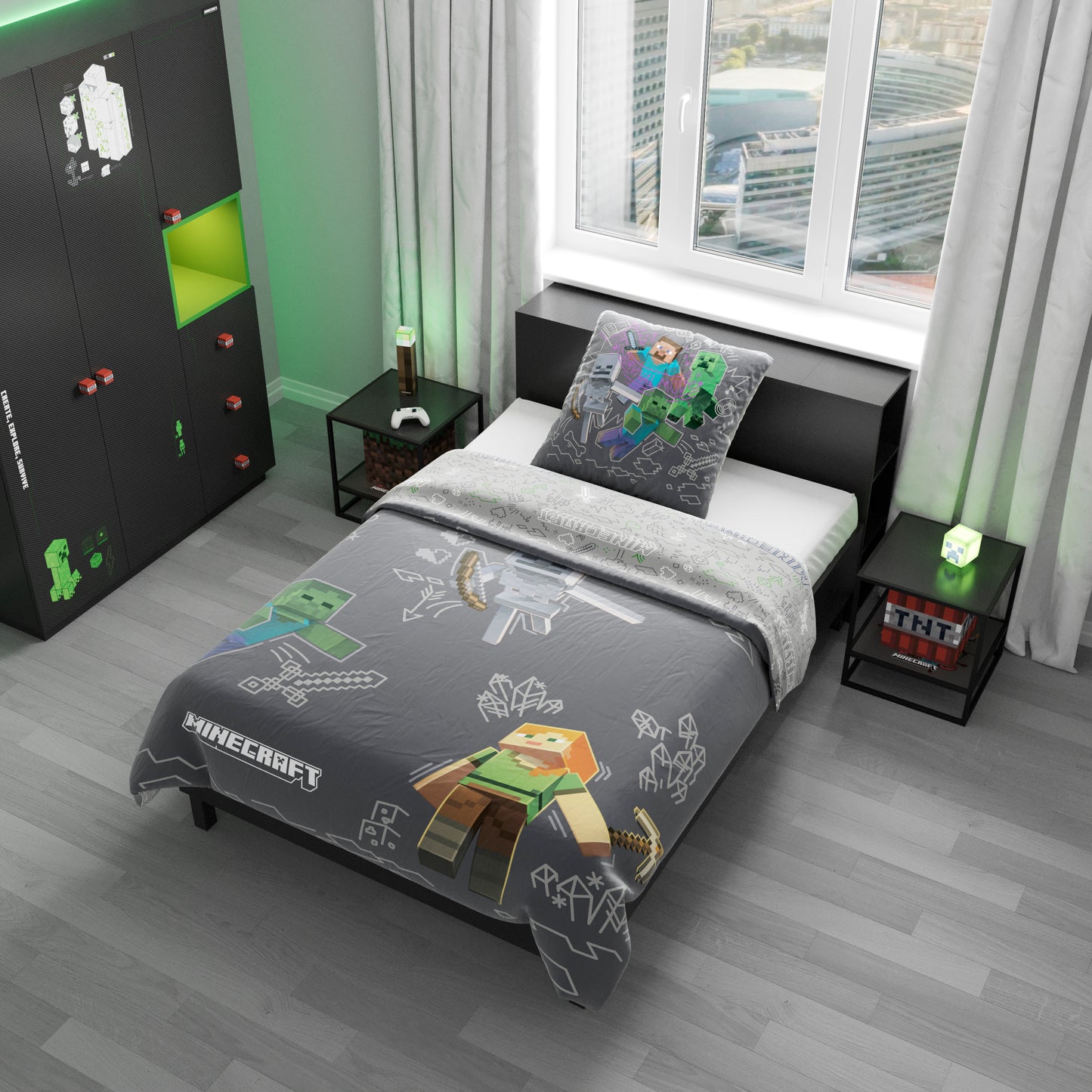 MINECRAFT - Beistelltisch mit einer zusätzlichen Ablage, Nachttisch, Gaming Möbel mit dunklem Design und bunten Minecraft Print