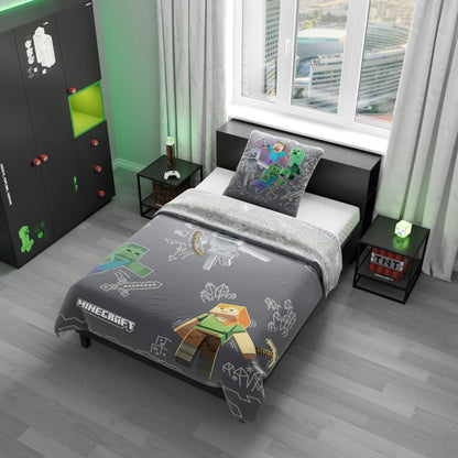 MINECRAFT - Beistelltisch mit einer zusätzlichen Ablage, Nachttisch, Gaming Möbel mit dunklem Design und bunten Minecraft Print