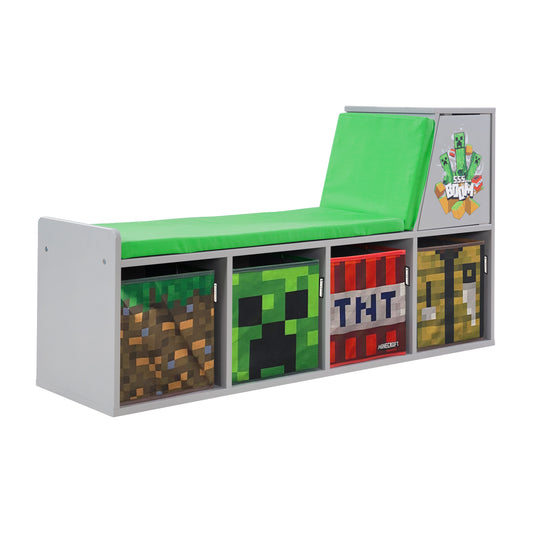 MINECRAFT - Sitzbank, Leseregal, Bank mit Sitzkissen und Stauraum, Kindermöbel mit buntem Design