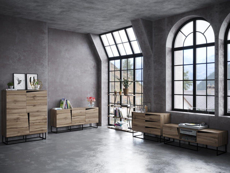 Carv - Lowboard mit 2 Türen und 2 offenen Fächern, Push-Open-Beschläge, Wild Oak Holzdecor, Metallsockel, modernes Industrial-Design - einrichten-24, Kommoden & Sideboards 