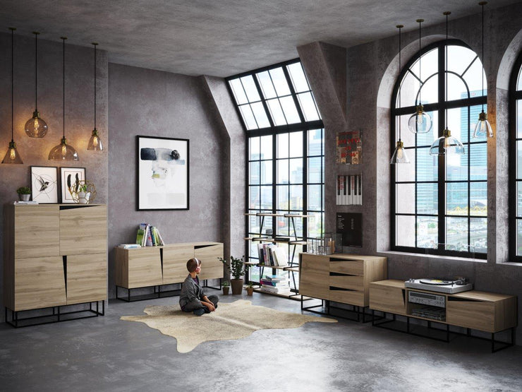Carv - Lowboard mit 2 Türen und 2 offenen Fächern, Push-Open-Beschläge, Wild Oak Holzdecor, Metallsockel, modernes Industrial-Design - einrichten-24, Kommoden & Sideboards 