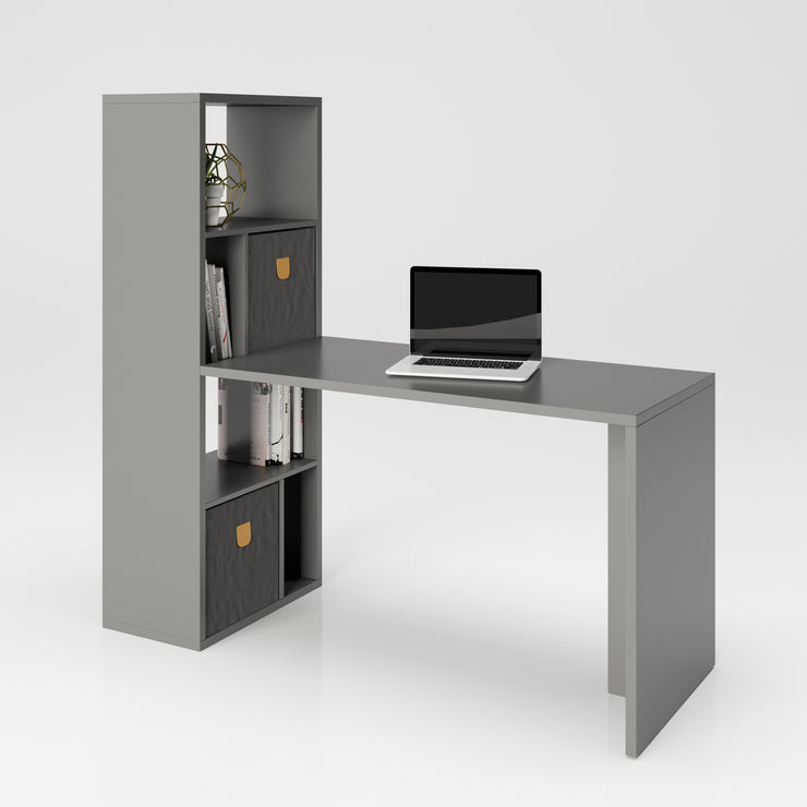 Fortuna - SET , Regal mit 6 Fächern inkl. Schreibtischanbau, Bücherregal, Büroregal, Raumteiler, Fächer in asymmetrischer Aufteilung